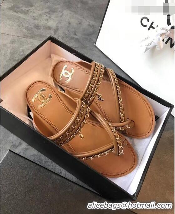 Inexpensive Chanel CC Logo Chain Thong Sandals G951307 Brown 2019