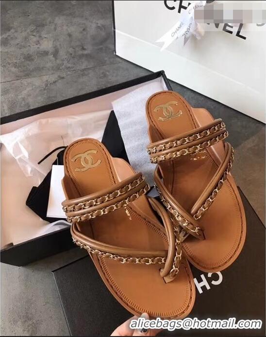 Inexpensive Chanel CC Logo Chain Thong Sandals G951307 Brown 2019