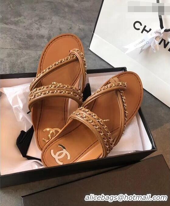 Inexpensive Chanel CC Logo Chain Thong Sandals G951307 Brown 2019