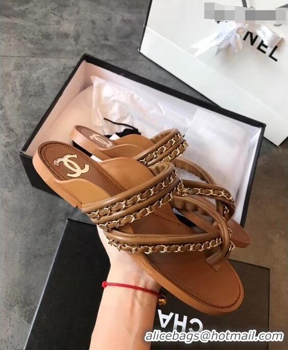 Inexpensive Chanel CC Logo Chain Thong Sandals G951307 Brown 2019