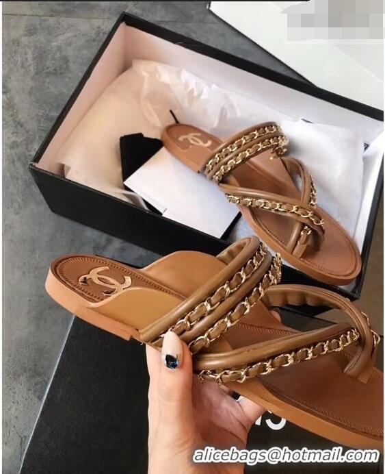 Inexpensive Chanel CC Logo Chain Thong Sandals G951307 Brown 2019