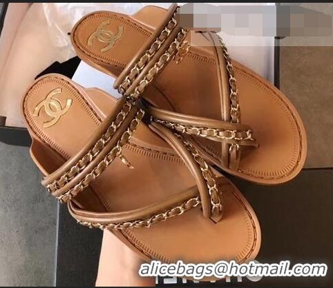 Inexpensive Chanel CC Logo Chain Thong Sandals G951307 Brown 2019