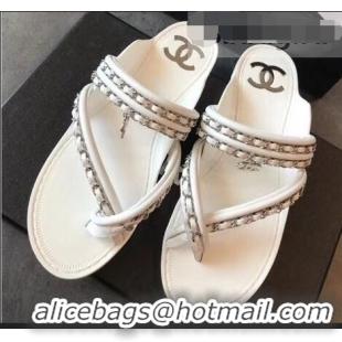 Low Price Chanel CC Logo Chain Thong Sandals G951307 White 2019