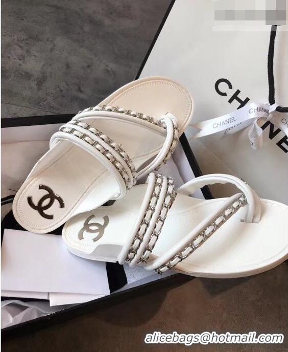 Low Price Chanel CC Logo Chain Thong Sandals G951307 White 2019