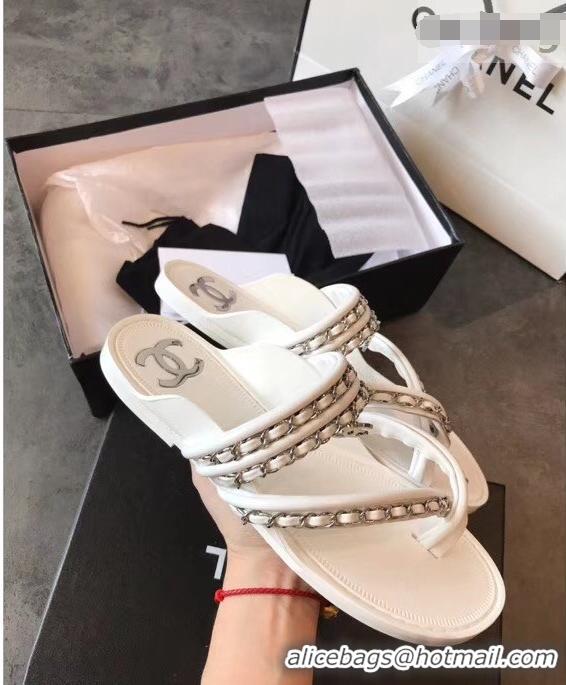 Low Price Chanel CC Logo Chain Thong Sandals G951307 White 2019