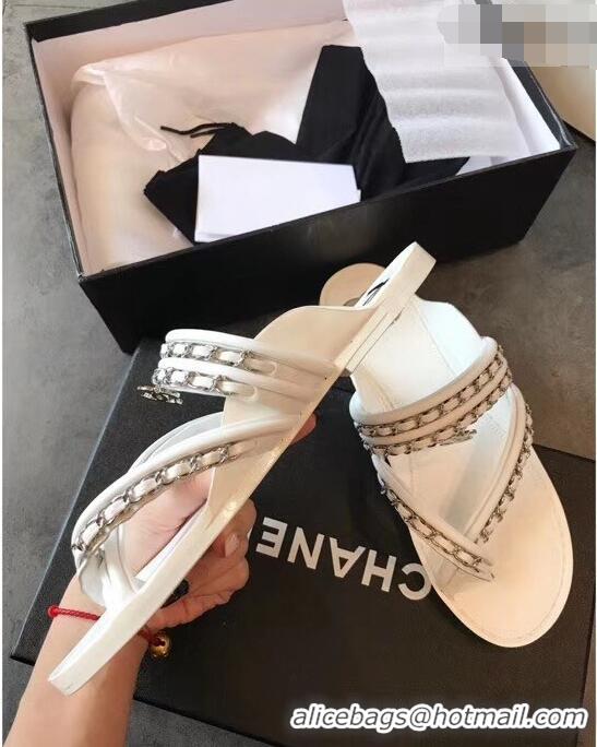 Low Price Chanel CC Logo Chain Thong Sandals G951307 White 2019