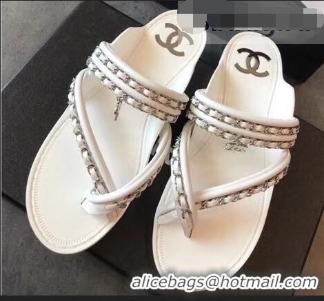 Low Price Chanel CC Logo Chain Thong Sandals G951307 White 2019