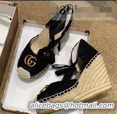 Low Cost Gucci Double G Crochet Platform 10cm Espadrille with Grosgrain Lace-up 951305 Black