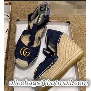 Luxurious Gucci Double G Crochet Platform 10cm Espadrille with Grosgrain Lace-up 951305 Blue