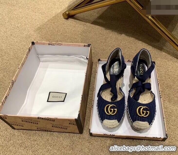 Luxurious Gucci Double G Crochet Platform 10cm Espadrille with Grosgrain Lace-up 951305 Blue