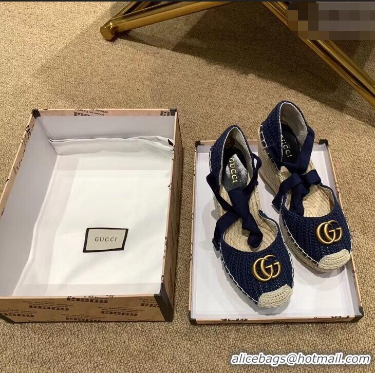 Luxurious Gucci Double G Crochet Platform 10cm Espadrille with Grosgrain Lace-up 951305 Blue