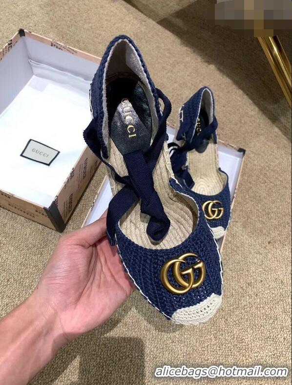 Luxurious Gucci Double G Crochet Platform 10cm Espadrille with Grosgrain Lace-up 951305 Blue