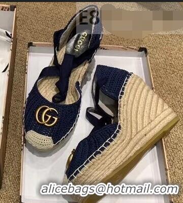 Luxurious Gucci Double G Crochet Platform 10cm Espadrille with Grosgrain Lace-up 951305 Blue