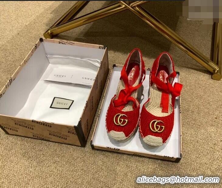 Most Popular Gucci Double G Crochet Platform 10cm Espadrille with Grosgrain Lace-up 951305 Red