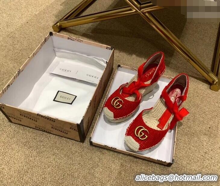 Most Popular Gucci Double G Crochet Platform 10cm Espadrille with Grosgrain Lace-up 951305 Red