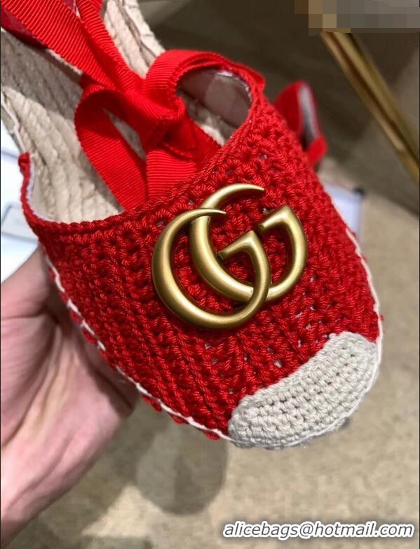 Most Popular Gucci Double G Crochet Platform 10cm Espadrille with Grosgrain Lace-up 951305 Red