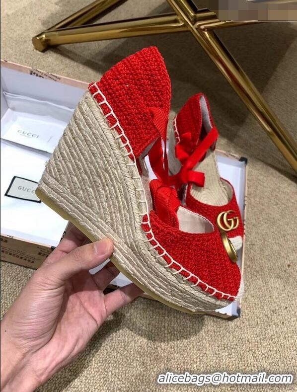 Most Popular Gucci Double G Crochet Platform 10cm Espadrille with Grosgrain Lace-up 951305 Red