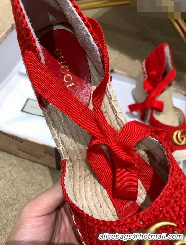 Most Popular Gucci Double G Crochet Platform 10cm Espadrille with Grosgrain Lace-up 951305 Red