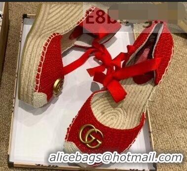 Most Popular Gucci Double G Crochet Platform 10cm Espadrille with Grosgrain Lace-up 951305 Red