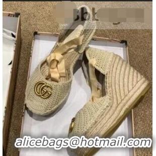 Pretty Style Gucci Double G Crochet Platform 10cm Espadrille with Grosgrain Lace-up 951305 Beige