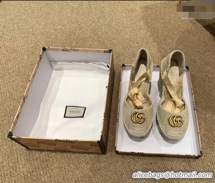 Pretty Style Gucci Double G Crochet Platform 10cm Espadrille with Grosgrain Lace-up 951305 Beige