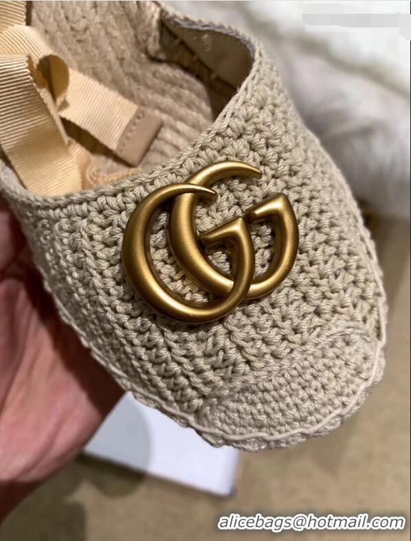 Pretty Style Gucci Double G Crochet Platform 10cm Espadrille with Grosgrain Lace-up 951305 Beige