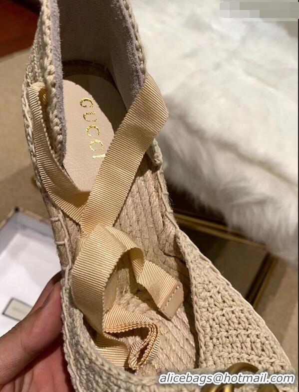 Pretty Style Gucci Double G Crochet Platform 10cm Espadrille with Grosgrain Lace-up 951305 Beige