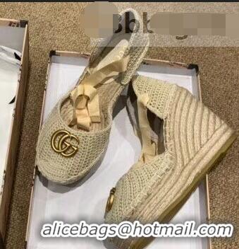 Pretty Style Gucci Double G Crochet Platform 10cm Espadrille with Grosgrain Lace-up 951305 Beige