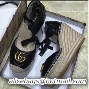 Top Grade Gucci Double G Leather Platform 10cm Espadrille with Grosgrain Lace-up 573023 Black