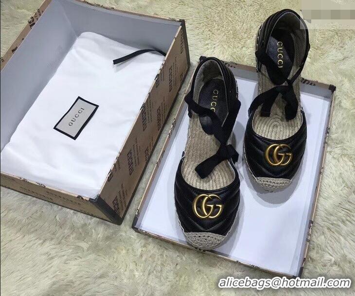 Top Grade Gucci Double G Leather Platform 10cm Espadrille with Grosgrain Lace-up 573023 Black