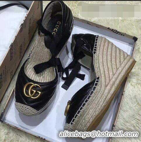 Top Grade Gucci Double G Leather Platform 10cm Espadrille with Grosgrain Lace-up 573023 Black