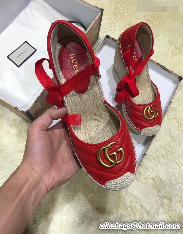 Imitation Gucci Double G Leather Platform 10cm Espadrille with Grosgrain Lace-up 573023 Red