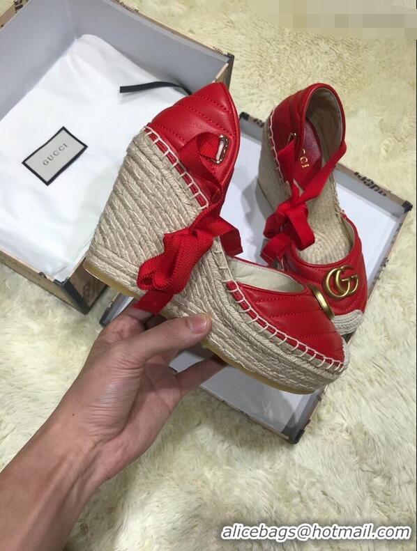 Imitation Gucci Double G Leather Platform 10cm Espadrille with Grosgrain Lace-up 573023 Red