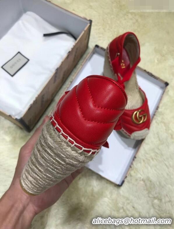 Imitation Gucci Double G Leather Platform 10cm Espadrille with Grosgrain Lace-up 573023 Red