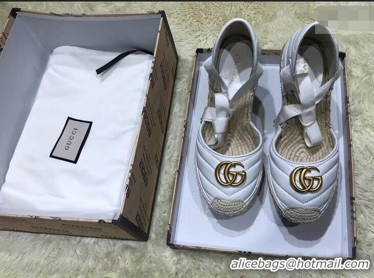 Trendy Gucci Double G Leather Platform 10cm Espadrille with Grosgrain Lace-up 573023 White