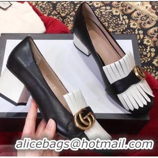 Low Price Gucci Double G Fringe Leather Mid-heel 4.5cm Pumps 9051407 Black/White 2019