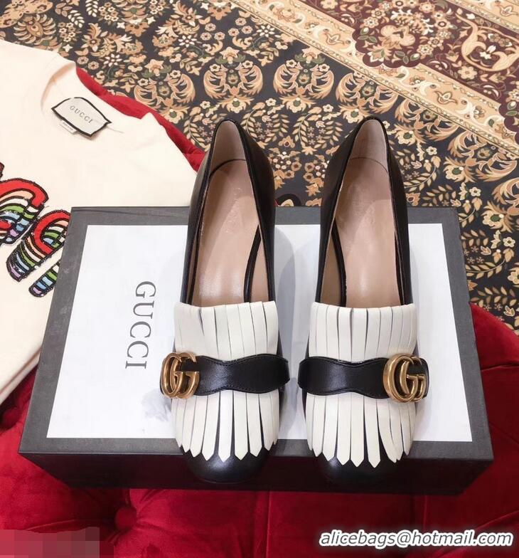 Low Price Gucci Double G Fringe Leather Mid-heel 4.5cm Pumps 9051407 Black/White 2019