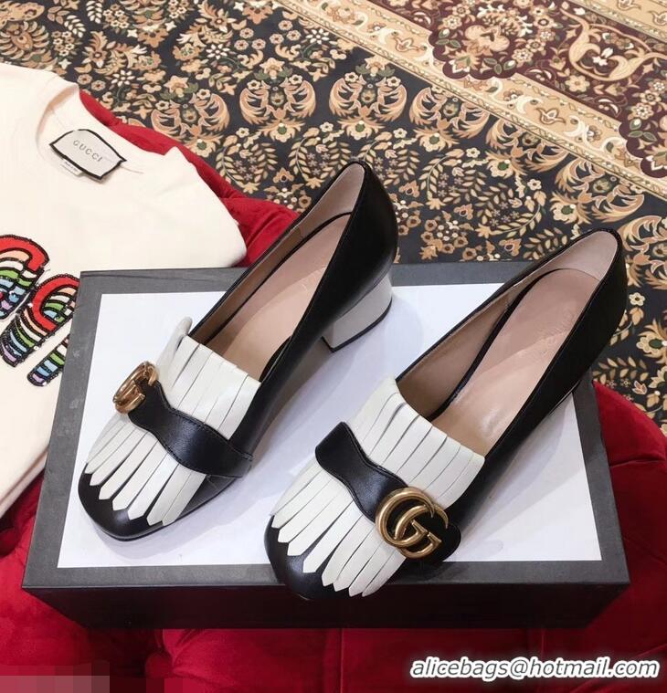 Low Price Gucci Double G Fringe Leather Mid-heel 4.5cm Pumps 9051407 Black/White 2019