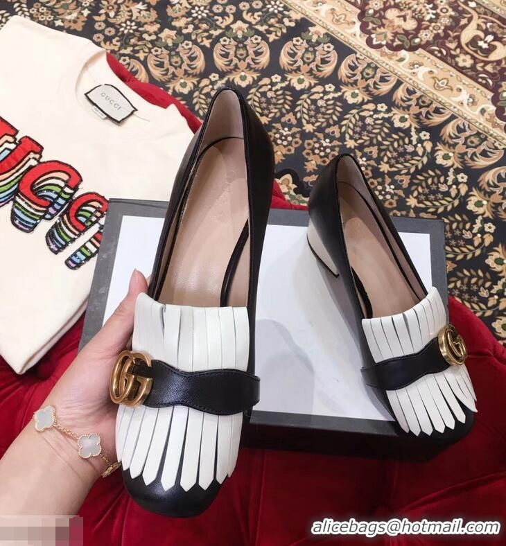 Low Price Gucci Double G Fringe Leather Mid-heel 4.5cm Pumps 9051407 Black/White 2019