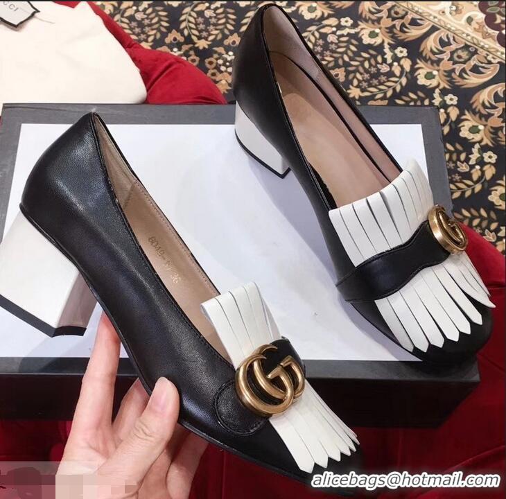 Low Price Gucci Double G Fringe Leather Mid-heel 4.5cm Pumps 9051407 Black/White 2019