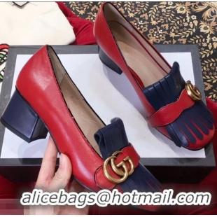 Super Gucci Double G Fringe Leather Mid-heel 4.5cm Pumps 9051407 Red/Blue 2019