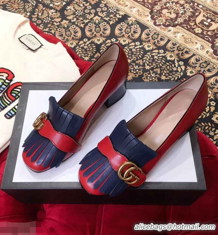 Super Gucci Double G Fringe Leather Mid-heel 4.5cm Pumps 9051407 Red/Blue 2019