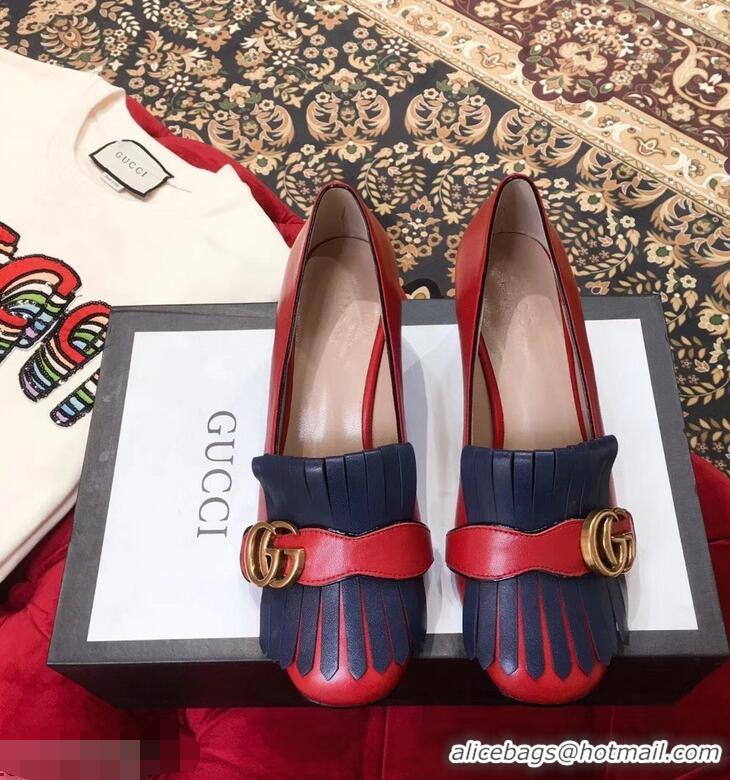 Super Gucci Double G Fringe Leather Mid-heel 4.5cm Pumps 9051407 Red/Blue 2019