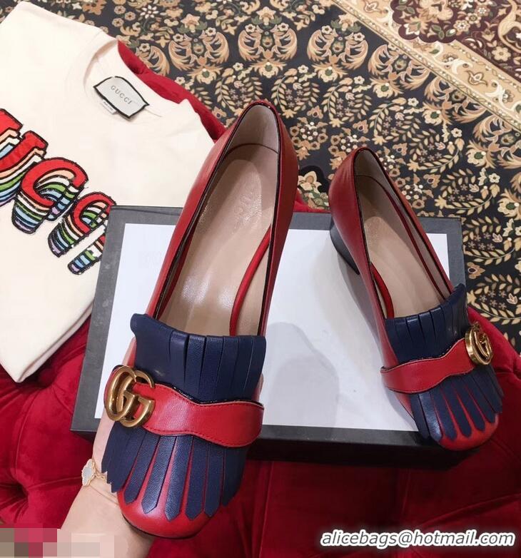 Super Gucci Double G Fringe Leather Mid-heel 4.5cm Pumps 9051407 Red/Blue 2019