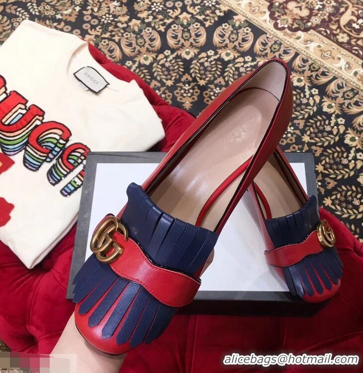 Super Gucci Double G Fringe Leather Mid-heel 4.5cm Pumps 9051407 Red/Blue 2019