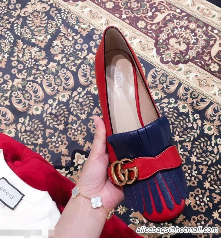 Super Gucci Double G Fringe Leather Mid-heel 4.5cm Pumps 9051407 Red/Blue 2019