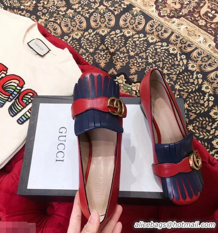 Super Gucci Double G Fringe Leather Mid-heel 4.5cm Pumps 9051407 Red/Blue 2019