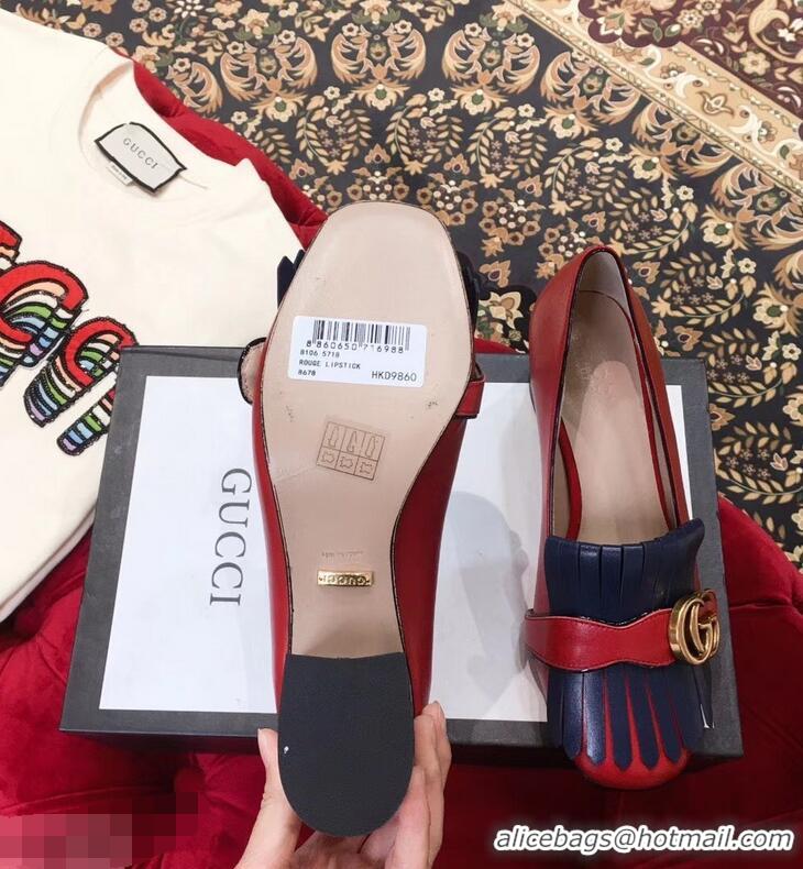 Super Gucci Double G Fringe Leather Mid-heel 4.5cm Pumps 9051407 Red/Blue 2019