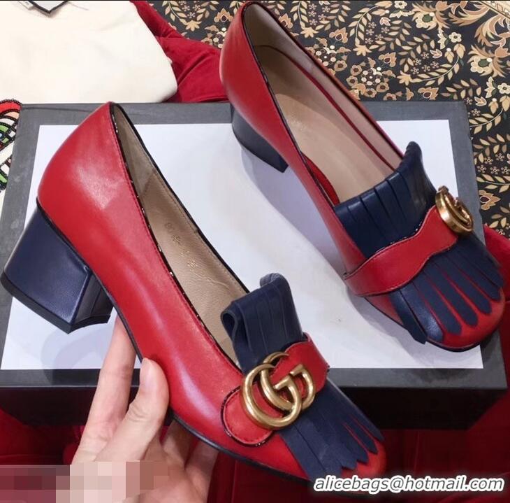 Super Gucci Double G Fringe Leather Mid-heel 4.5cm Pumps 9051407 Red/Blue 2019