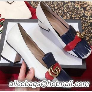 Purchase Gucci Double G Fringe Leather Mid-heel 4.5cm Pumps 9051407 White/Blue/Red 2019